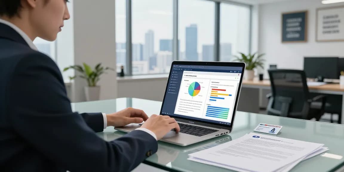 Document fraud detection analysis in a modern office environment with digital software displayed.