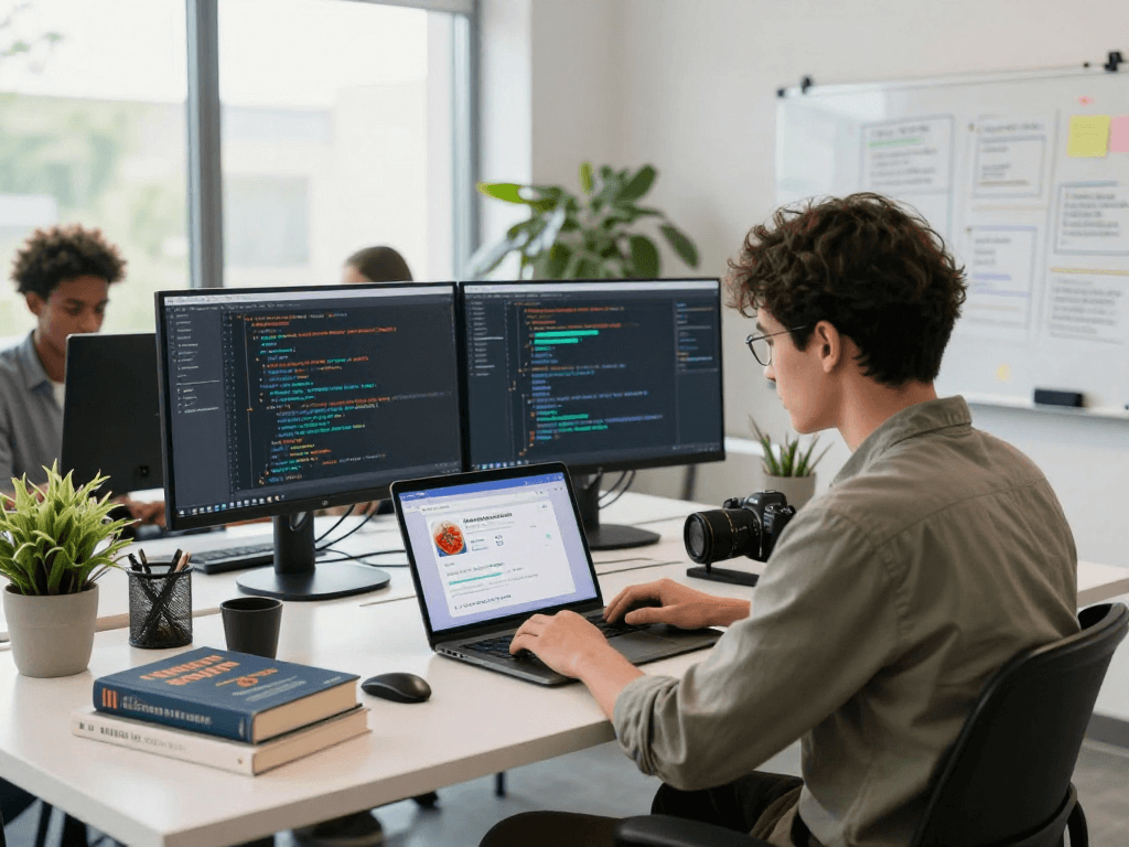 Dynamic workspace highlighting spicy AI chat app development with vibrant tech elements.