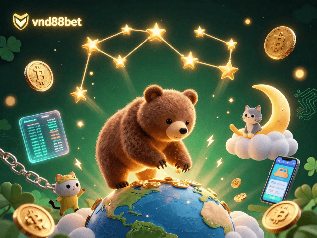 Win big with vnd88bet's captivating 3D casino illustration showcasing crypto elements.
