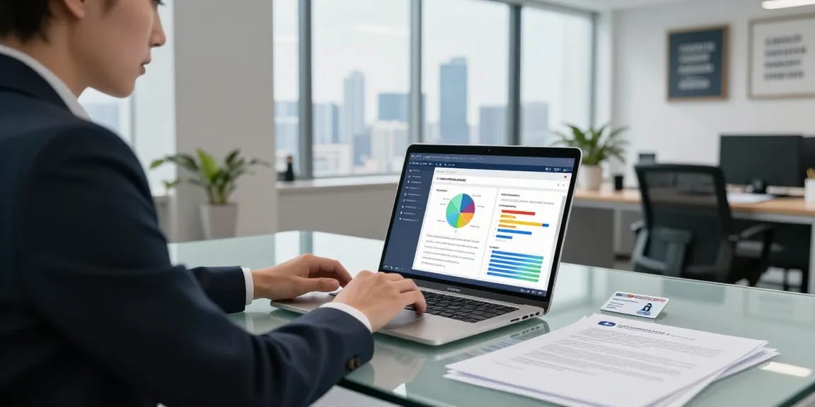 Document fraud detection analysis in a modern office environment with digital software displayed.
