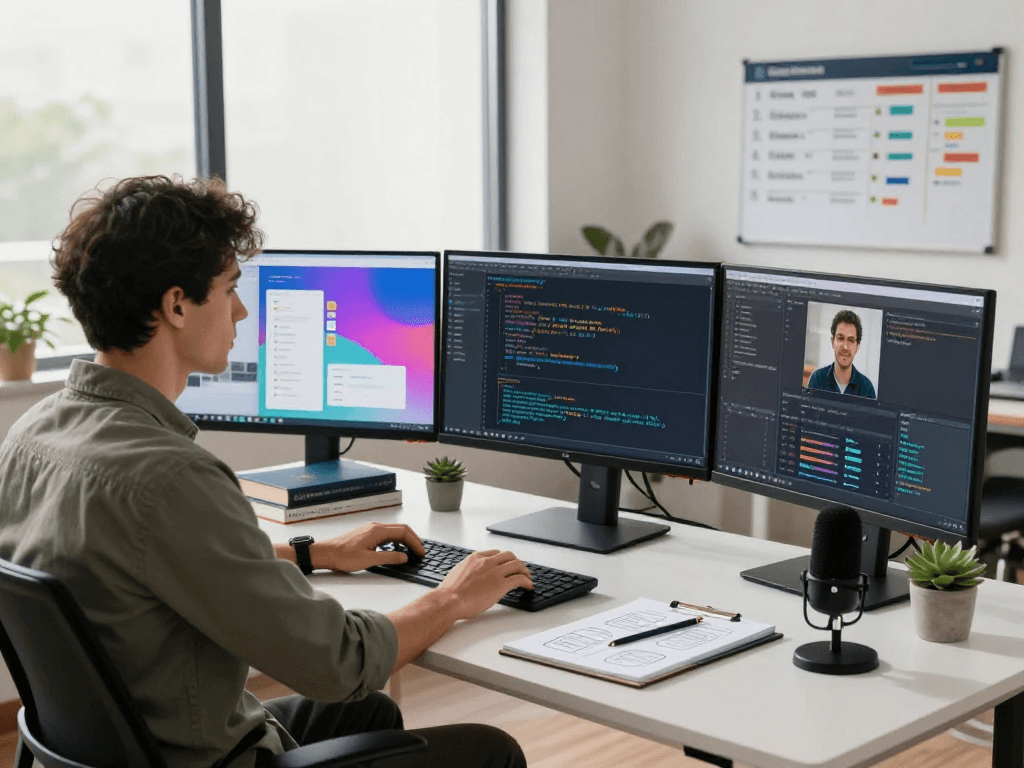 Harnessing hot ai in a tech workspace with software engineer coding on multiple monitors