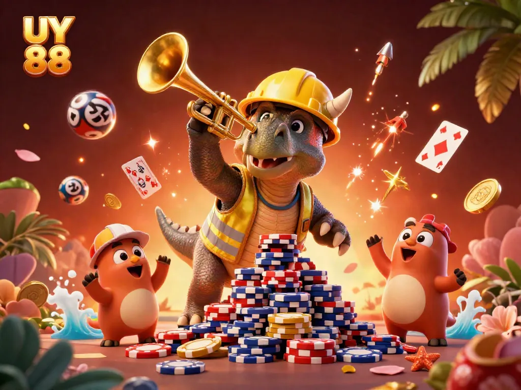 Join the excitement at UY 88 with a triceratops building a poker chip tower amid joyous celebrations!