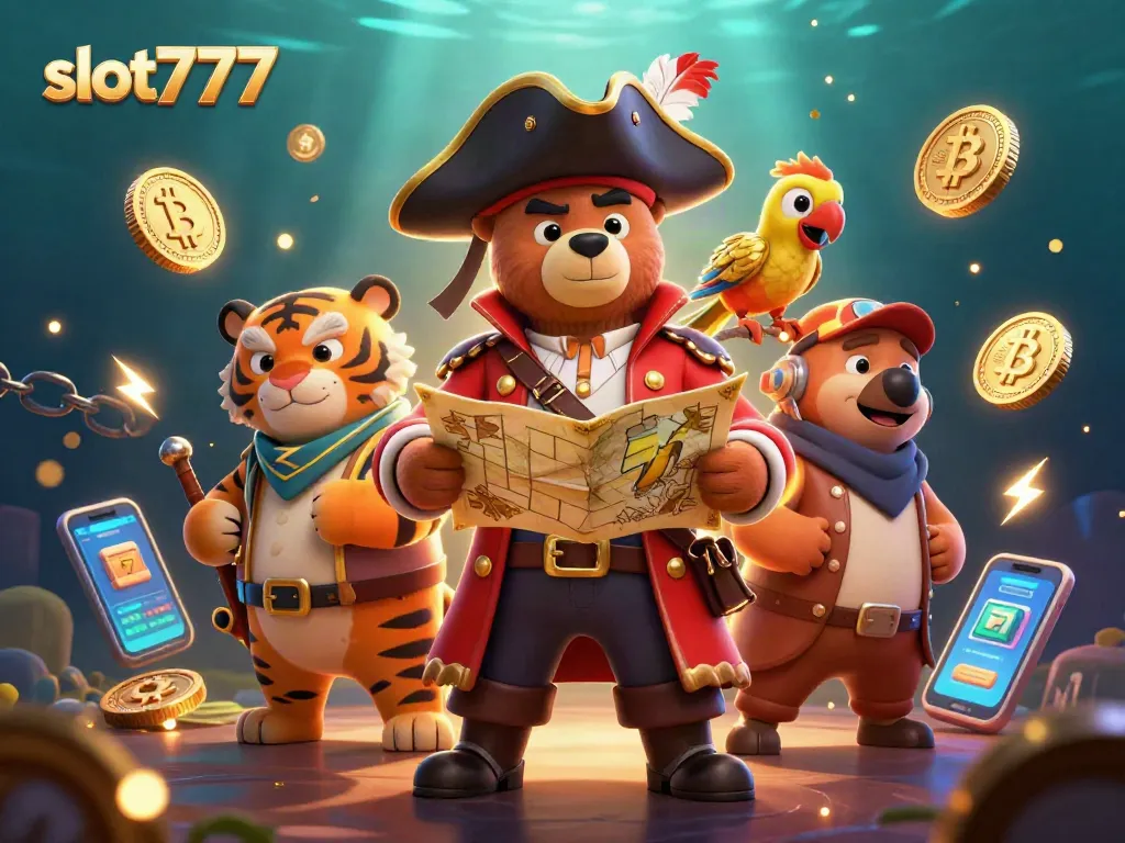 Spin the slot777 reels with a pirate captain bear, a tiger first mate, and treasure elements.