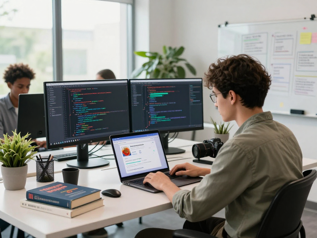 Dynamic workspace highlighting spicy AI chat app development with vibrant tech elements.