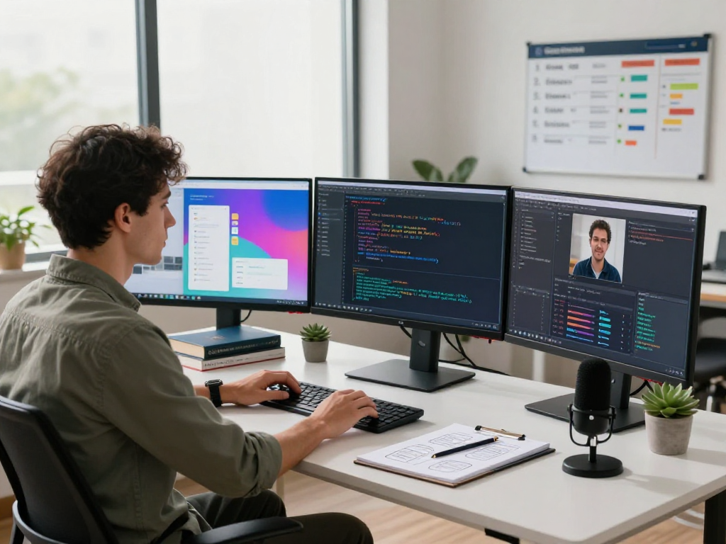 Harnessing hot ai in a tech workspace with software engineer coding on multiple monitors