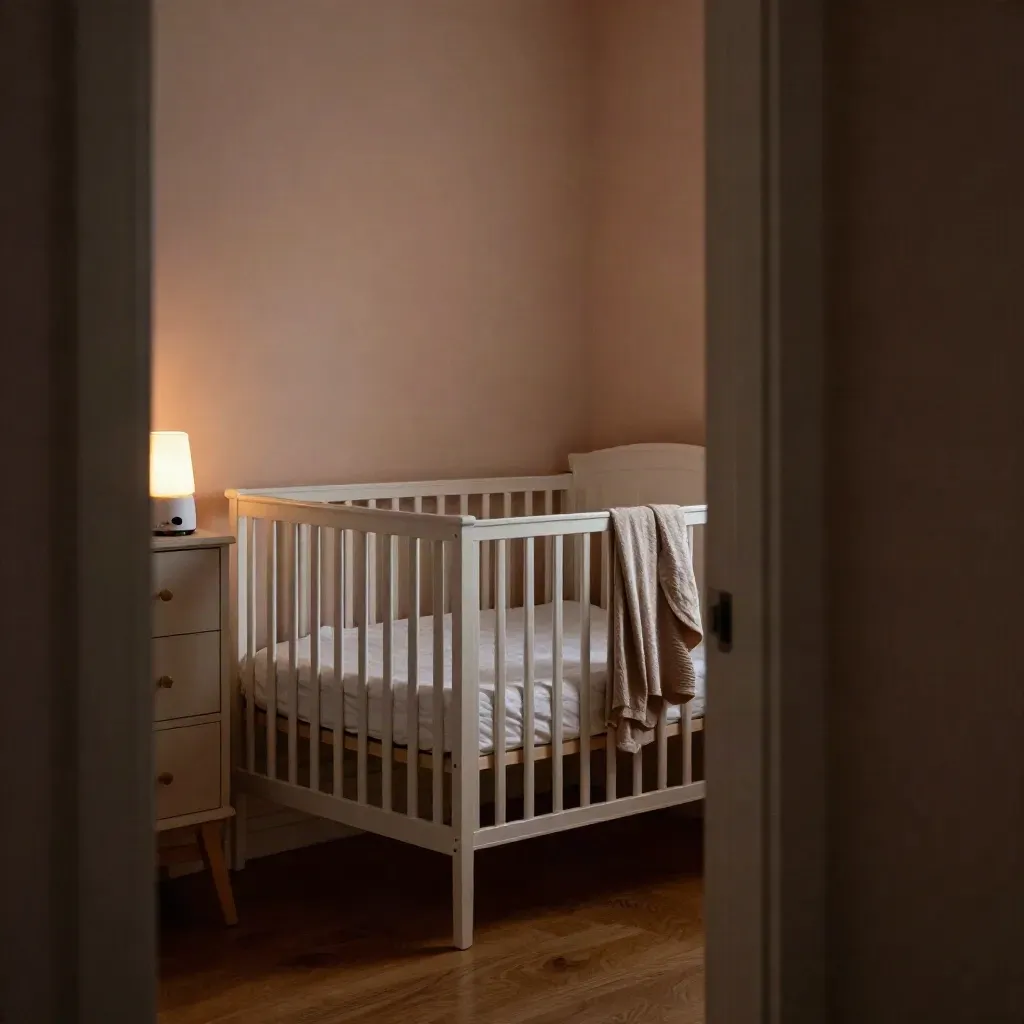 Nursery notturna con culla, swaddle, scaldabiberon e lampada soffusa, pronta per il prossimo risveglio.