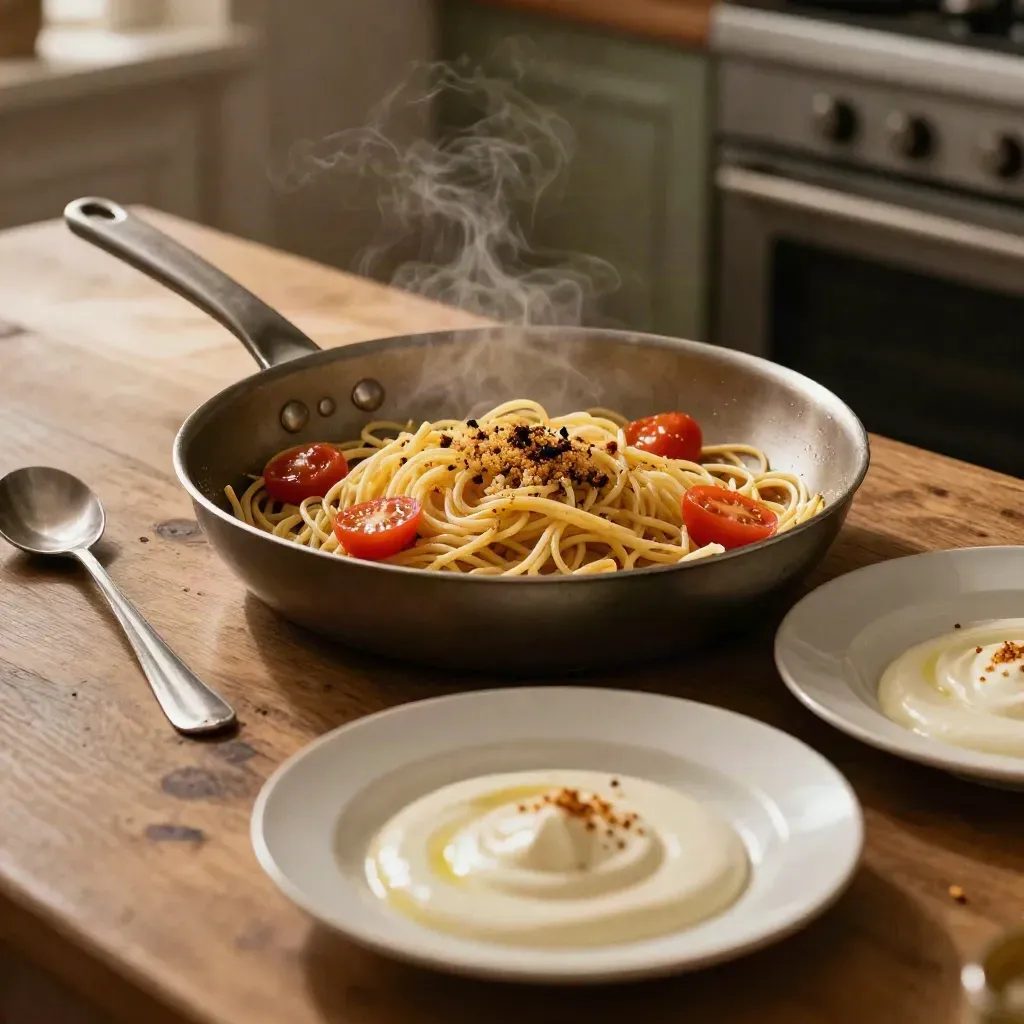 Padella di pasta con pomodorini e pane su tavolo da cucina, con vapore leggero.