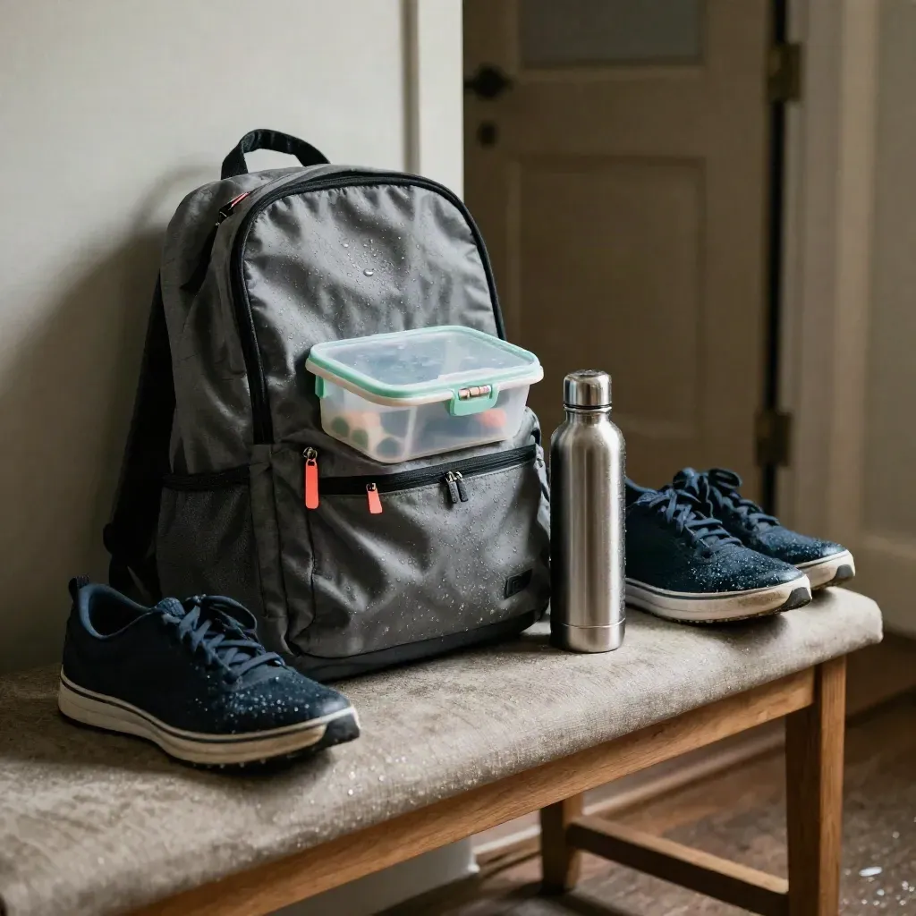 Zaino scolastico aperto su panca d’ingresso con lunchbox, borraccia, scarpe e impermeabile