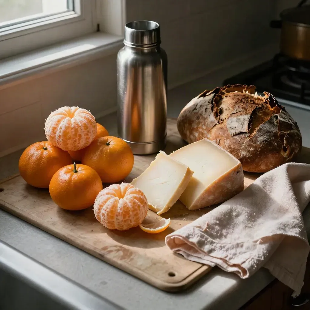 Merenda di scuola con mandarini, pane, formaggio e thermos su tovaglietta vissuta.