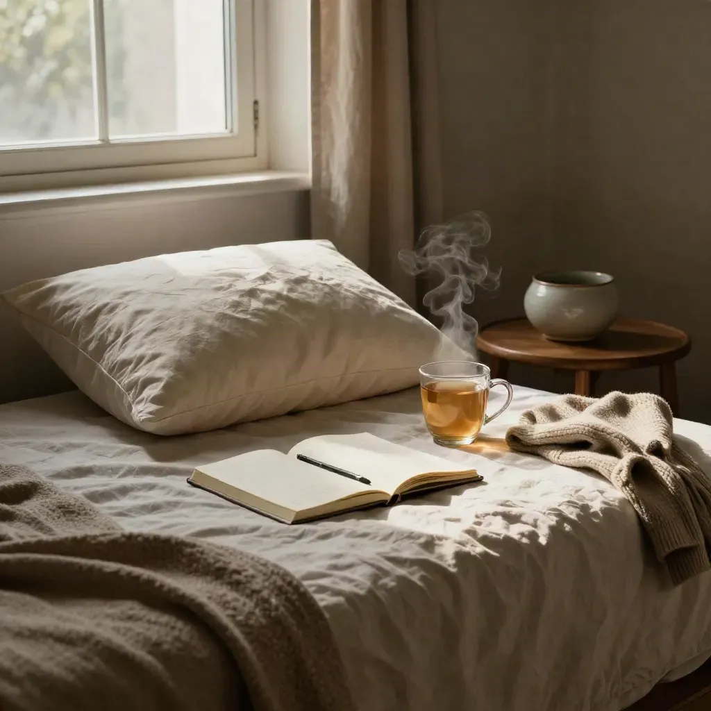 Angolo camera da letto con cuscino gravidanza, tisana fumante, cardigan e quaderno chiuso.