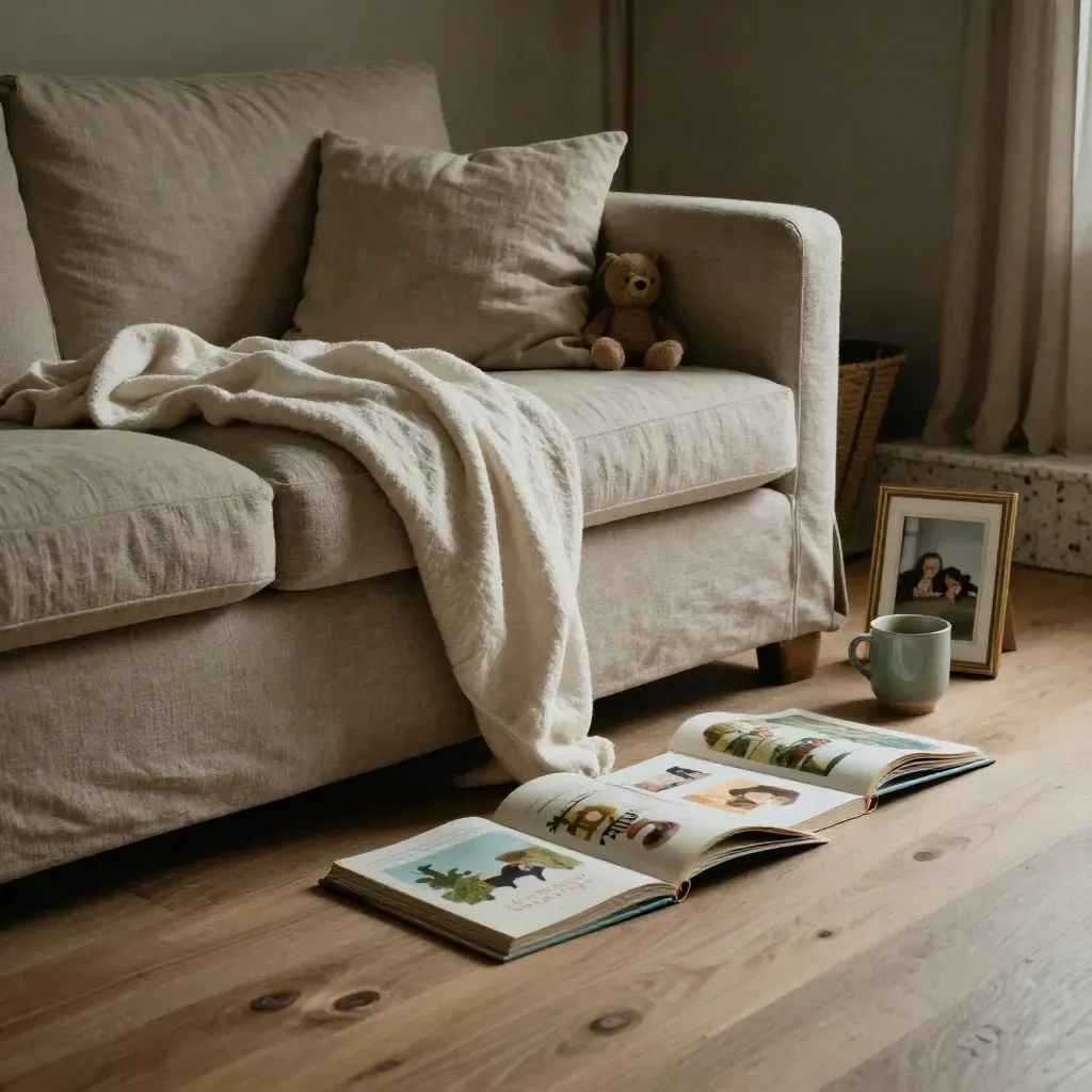 Angolo di divano con libri sparsi, coperta, tazza, peluche e cornice girata nella luce del pomeriggio.