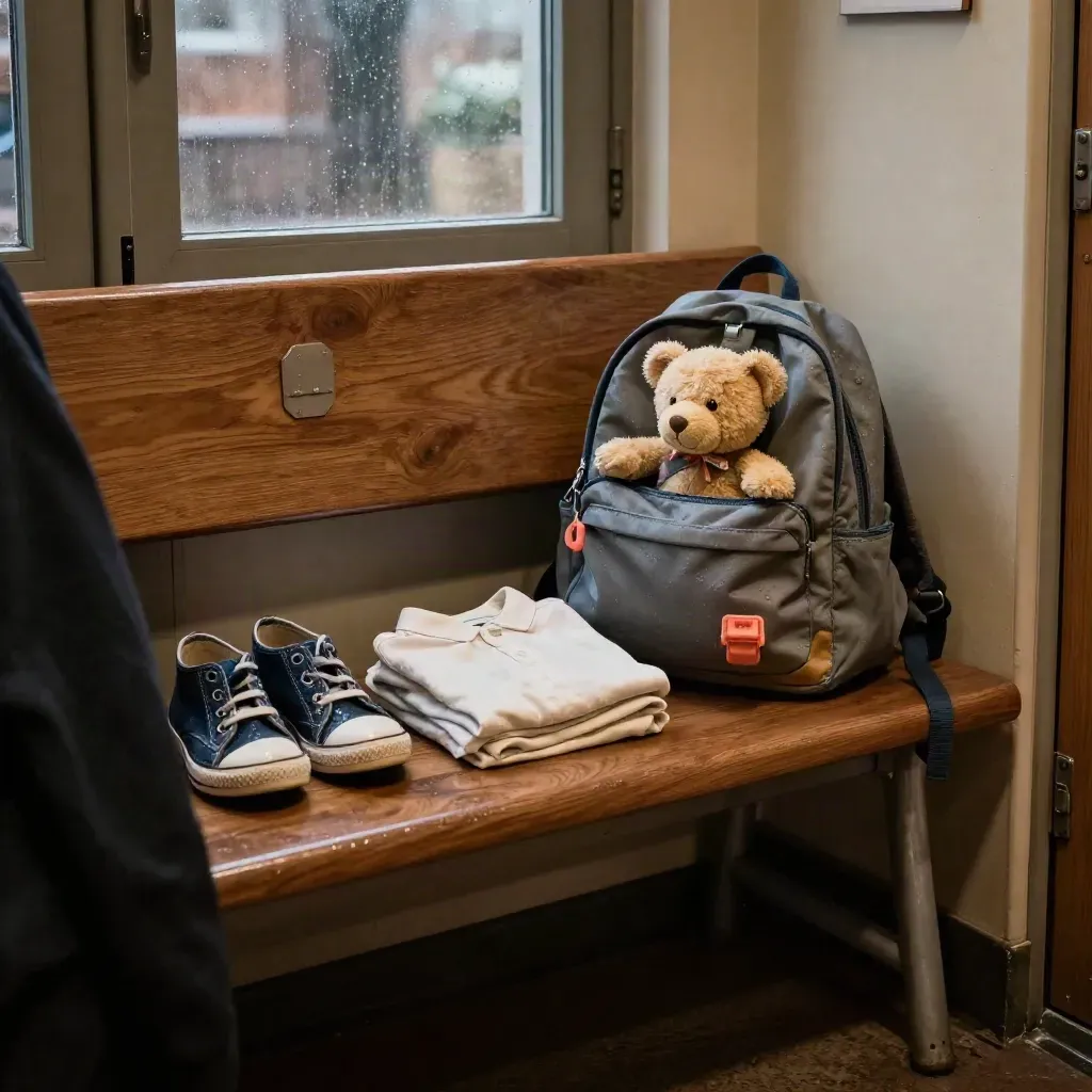 Panca d’ingresso con scarpe, cambio, lunchbox e zaino con peluche, in attesa dell’asilo