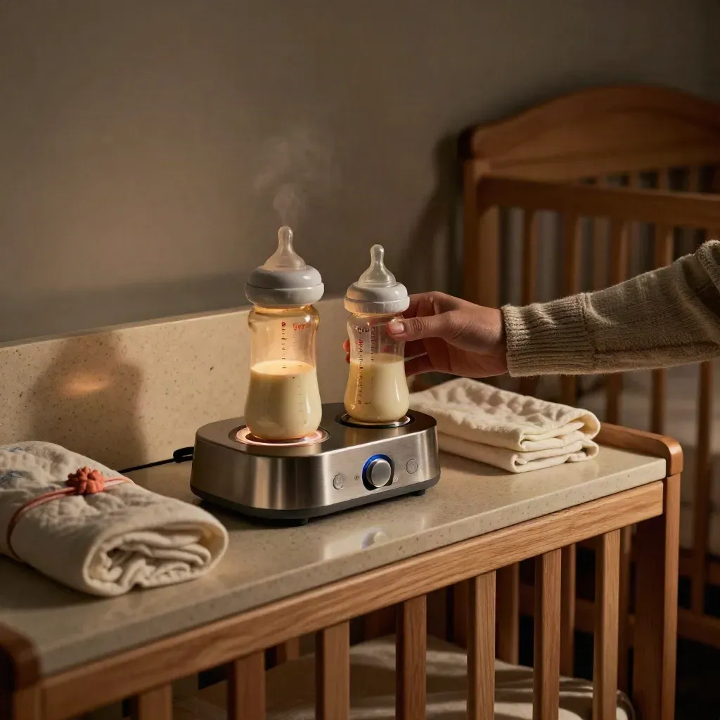 Fasciatoio notturno con biberon tiepido, scaldabiberon, swaddle e luce calda soffusa.