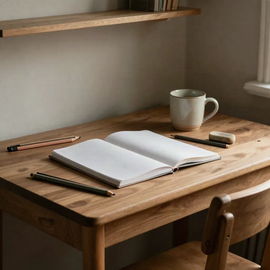 Scrivania per i compiti pronta all’uso, con quaderno chiuso, matite, gomma, tazza e sediolina salvia.