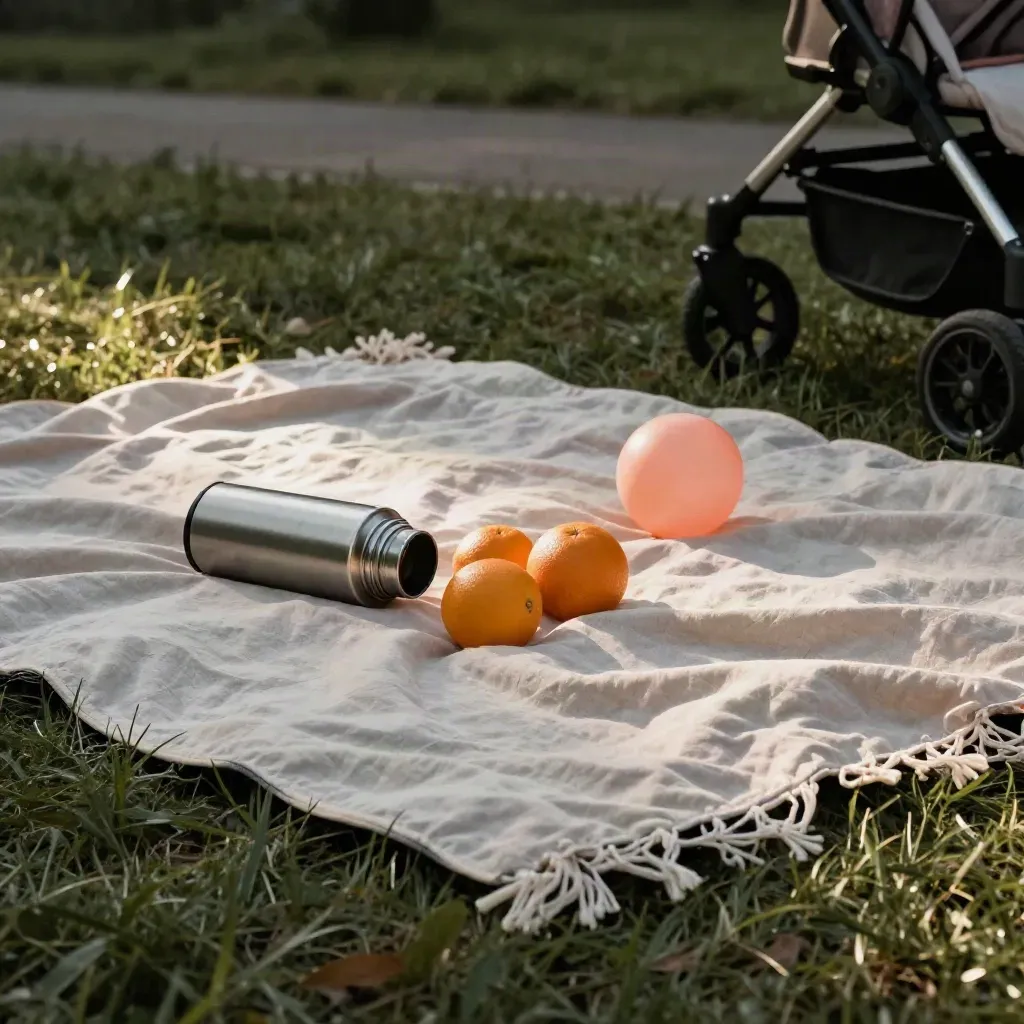 Coperta da picnic, thermos, arance, palla morbida e ruota del passeggino sul bordo del prato.