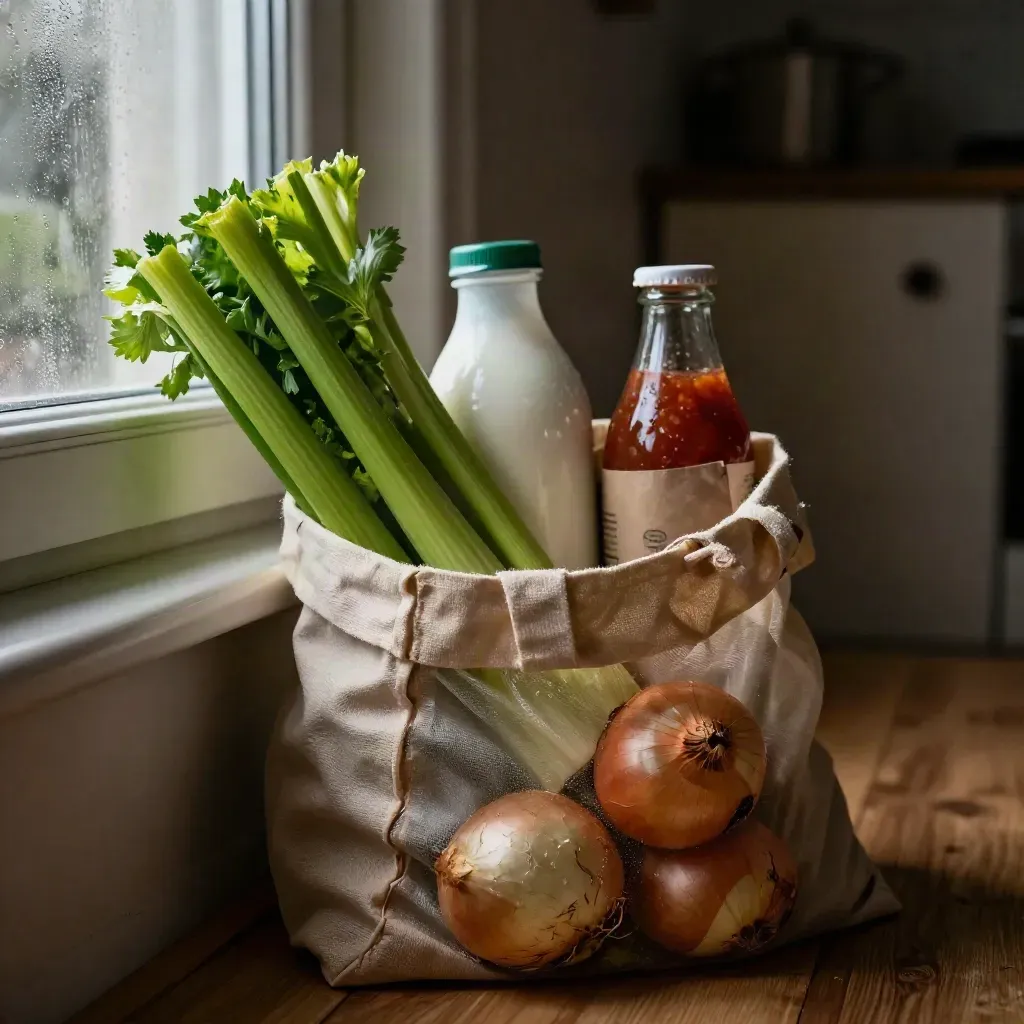 Borse riutilizzabili con verdure, pasta, latte e passata in corridoio cucina.