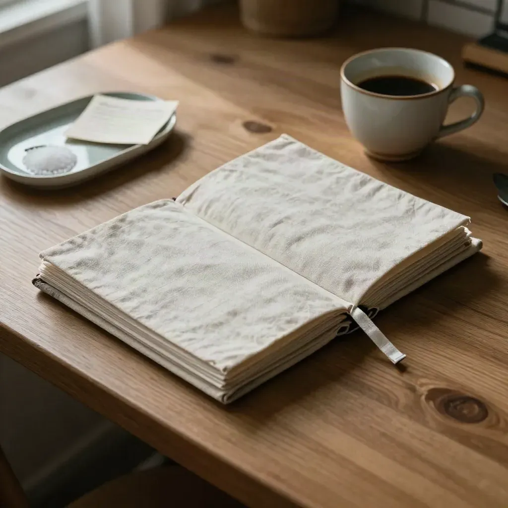 Planner morbido, tazza e vassoio ceramico su tavolo di cucina, luce del mattino.