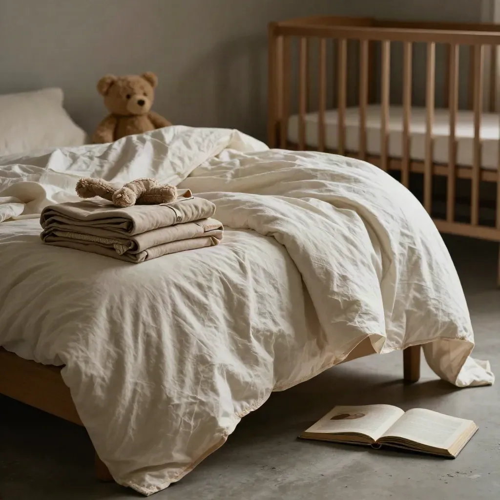 Piagiama piegati, pupazzo morbido, coperta stropicciata e libro chiuso sul letto.