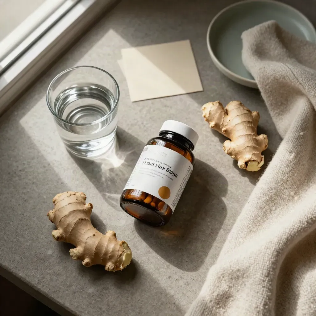 Flacone ambrato di integratori prenatali con acqua, zenzero e maglione piegato