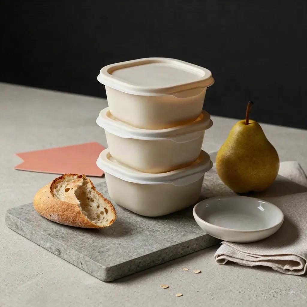 Contenitori pranzo, pane, pera, tovagliolo e piattino su vassoio di pietra con card corallo sfocata.