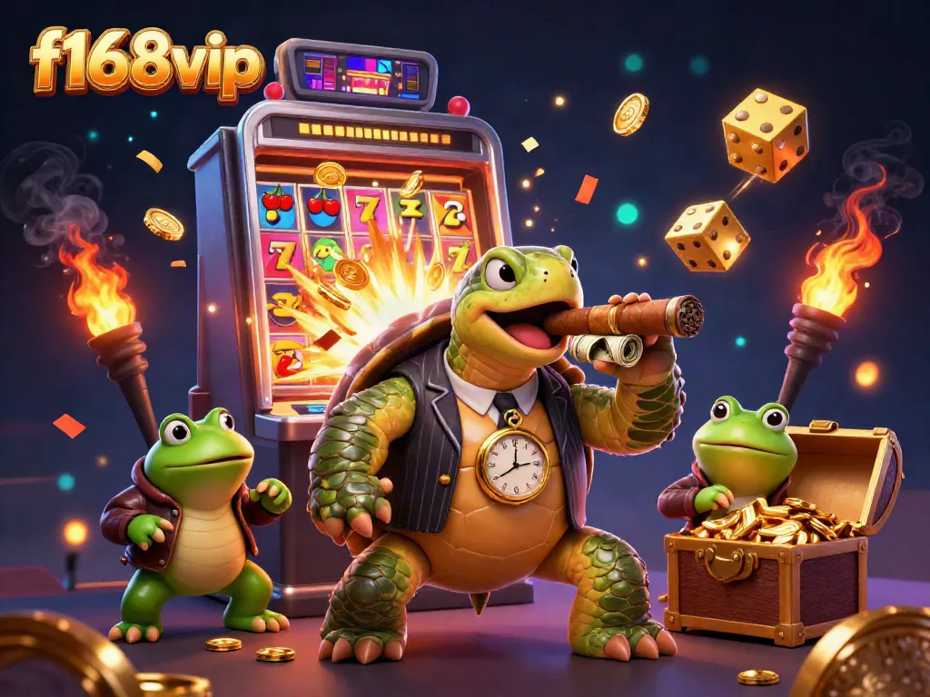 Experience thrilling play at f168vip with cartoon characters celebrating a jackpot in a vibrant casino setting.