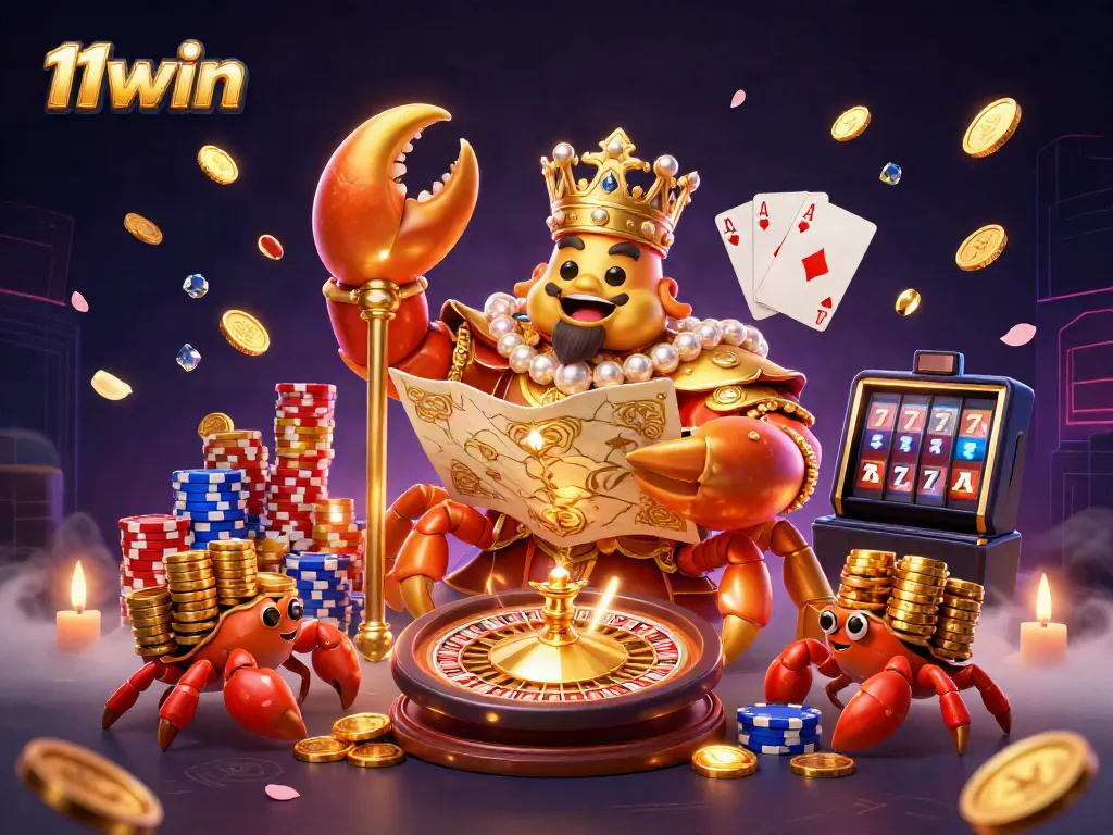 Experience thrilling games and unique strategies at 11win, with animated golden treasures and impressive casino elements.