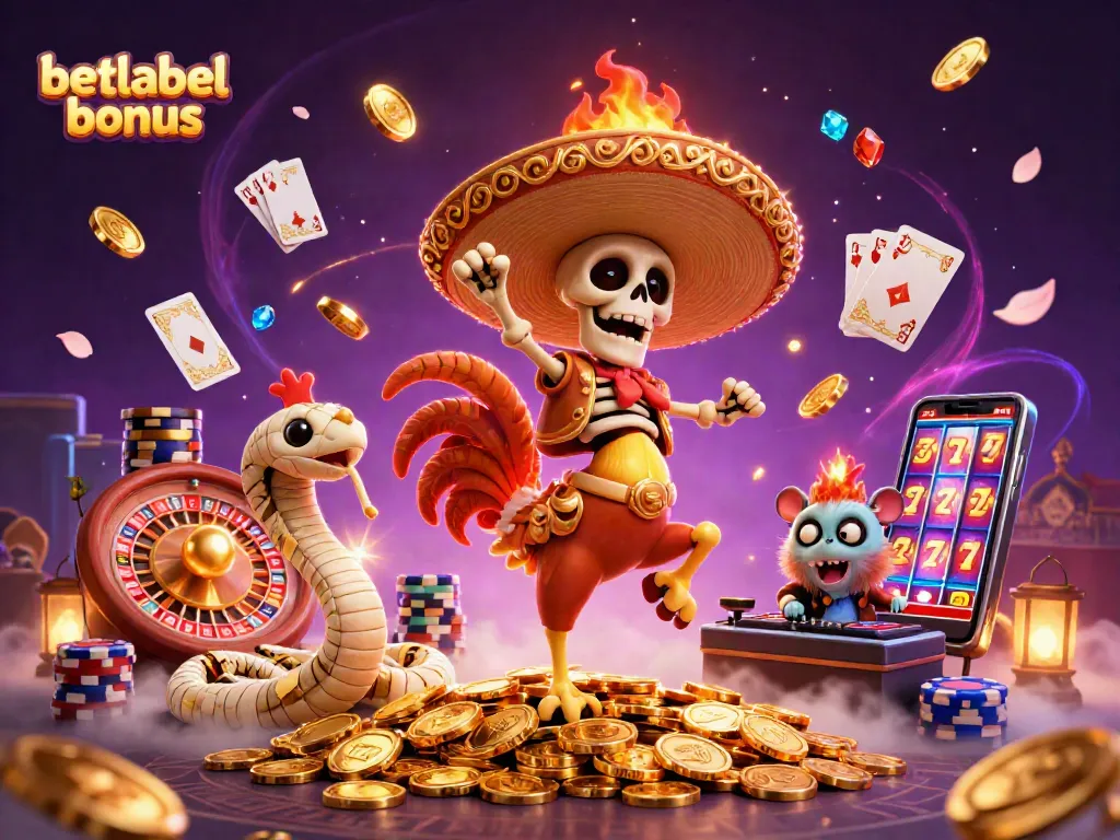 Join the celebration with the betlabel bonus, featuring colorful characters and casino elements!
